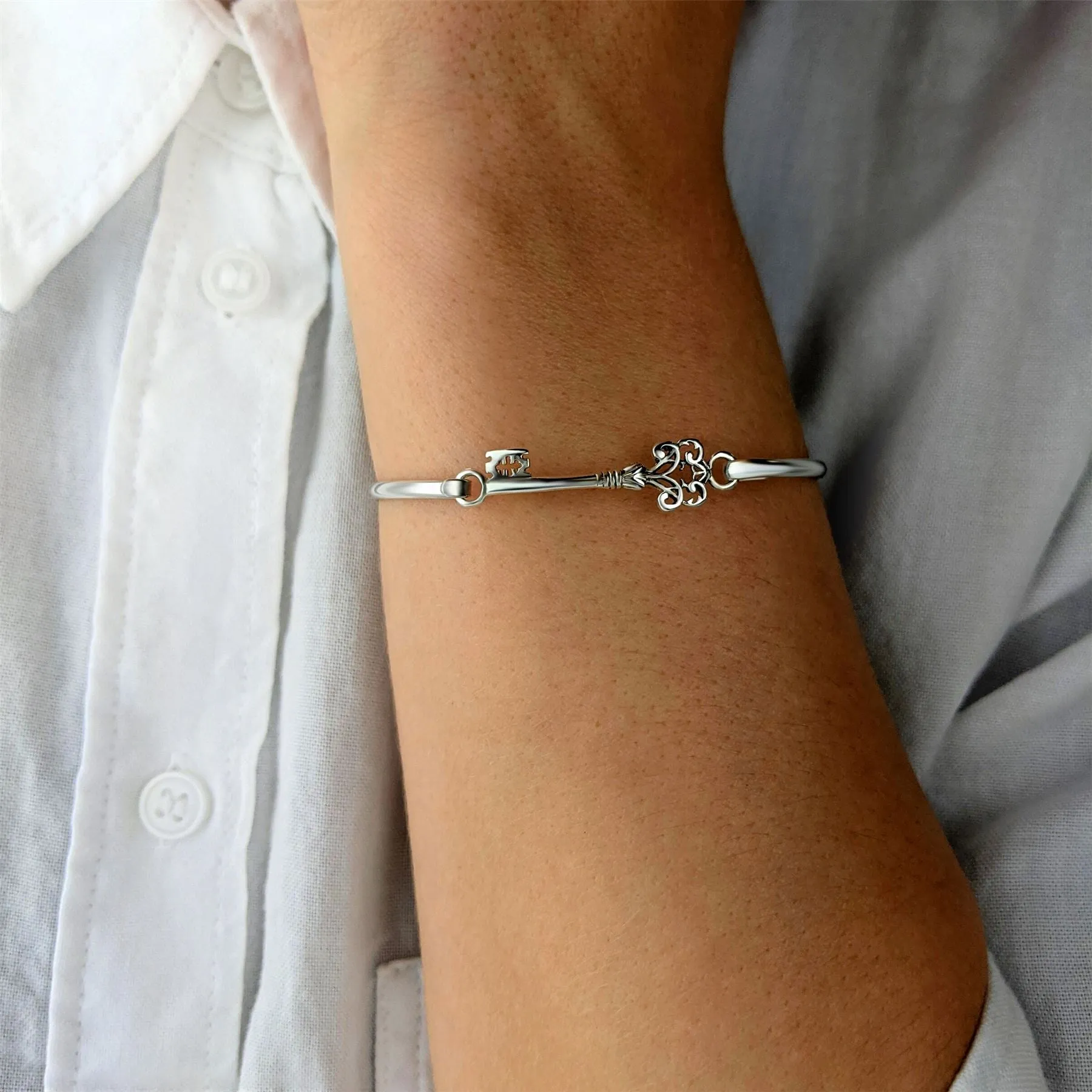Sterling Silver Thin Elegant Filigree Key Bangle With Hook Clasp