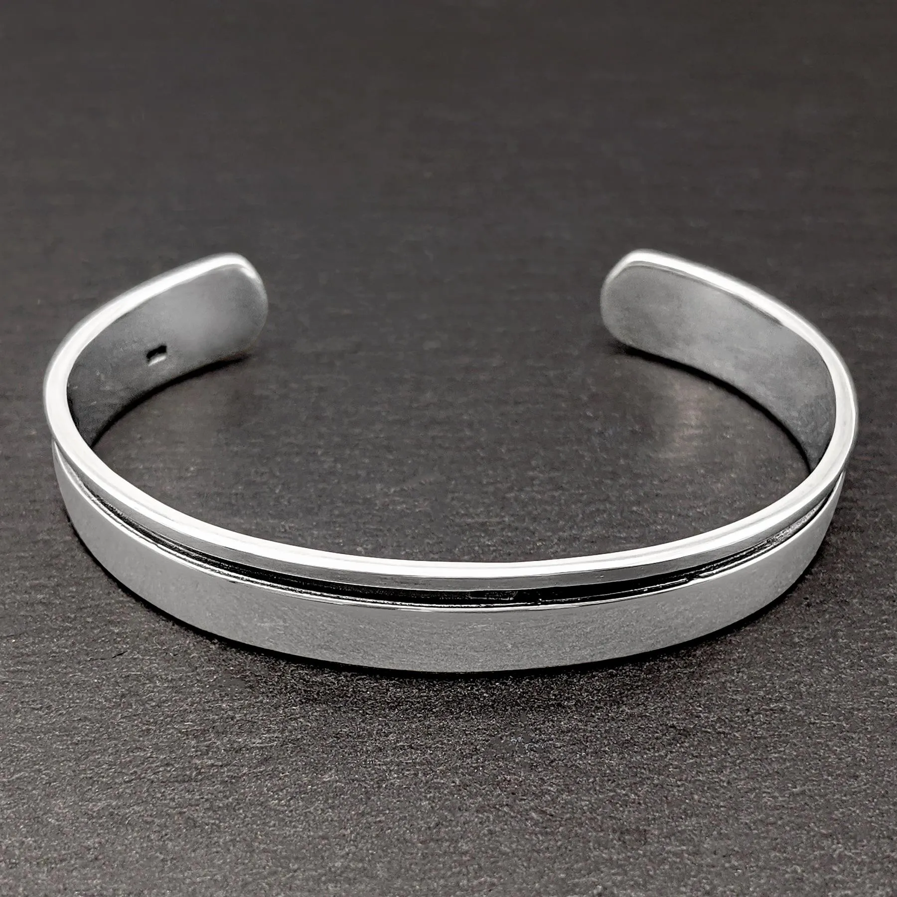 Sterling Silver Wide Flat Bangle Cuff Bracelet With Black Groove