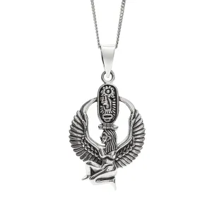 Sterling Silver Winged Isis Necklace - Egyptian Goddess Cartouche Pendant
