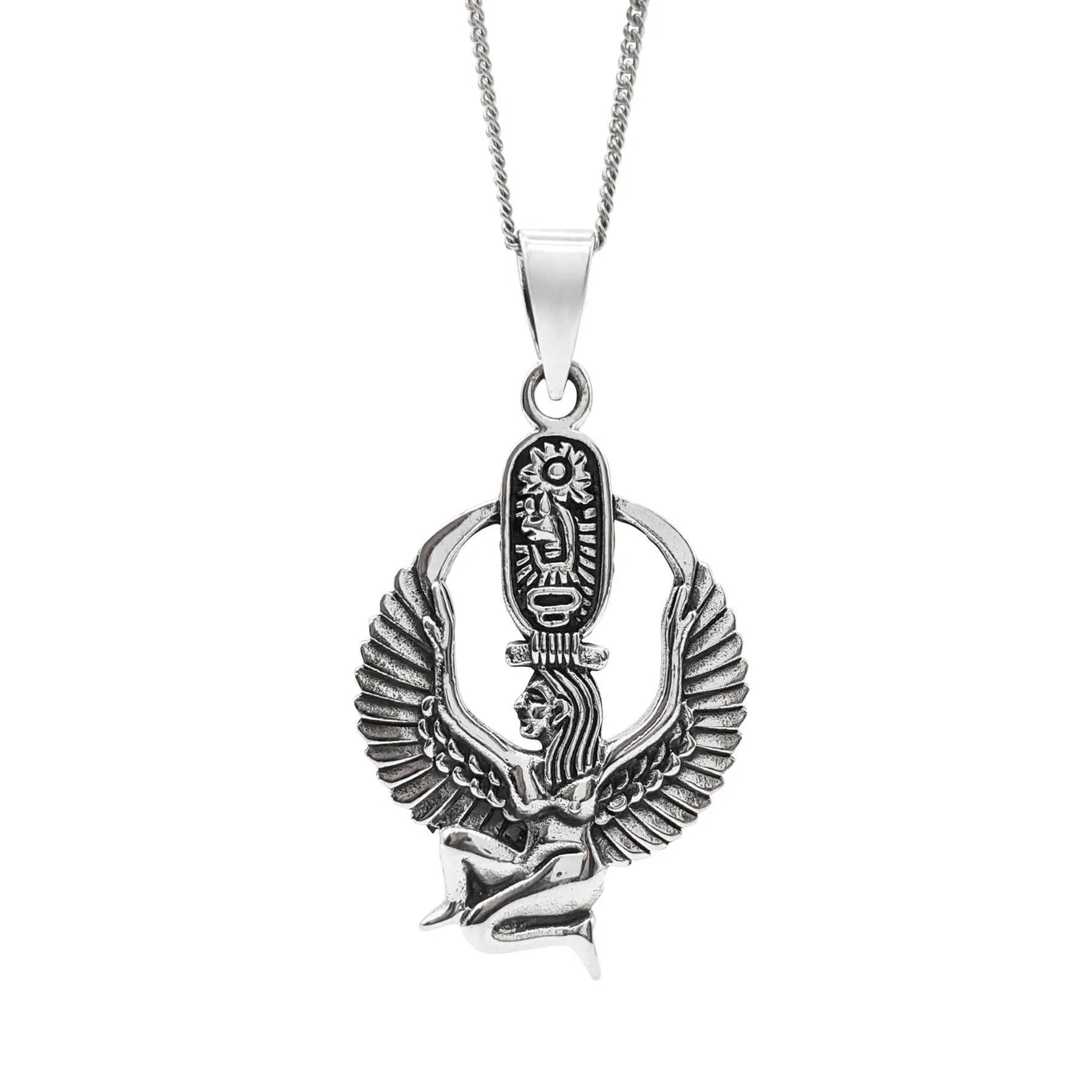 Sterling Silver Winged Isis Necklace - Egyptian Goddess Cartouche Pendant