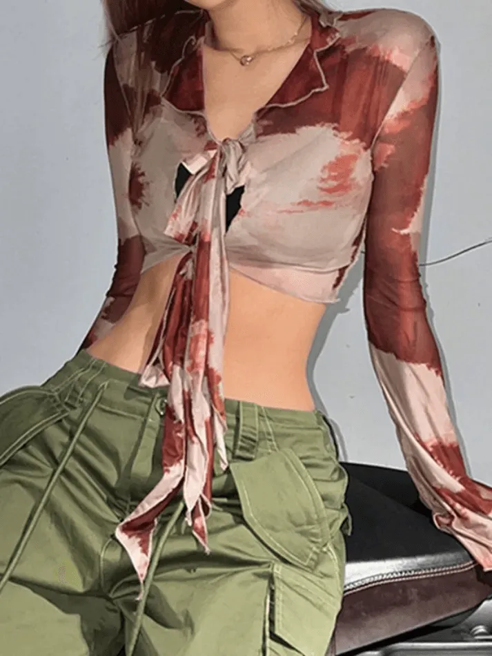 Tie Strap Mesh Cropped Long Sleeve Blouse