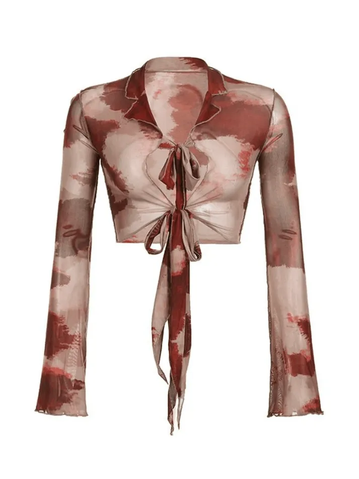 Tie Strap Mesh Cropped Long Sleeve Blouse