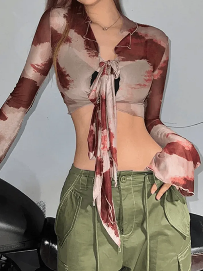 Tie Strap Mesh Cropped Long Sleeve Blouse