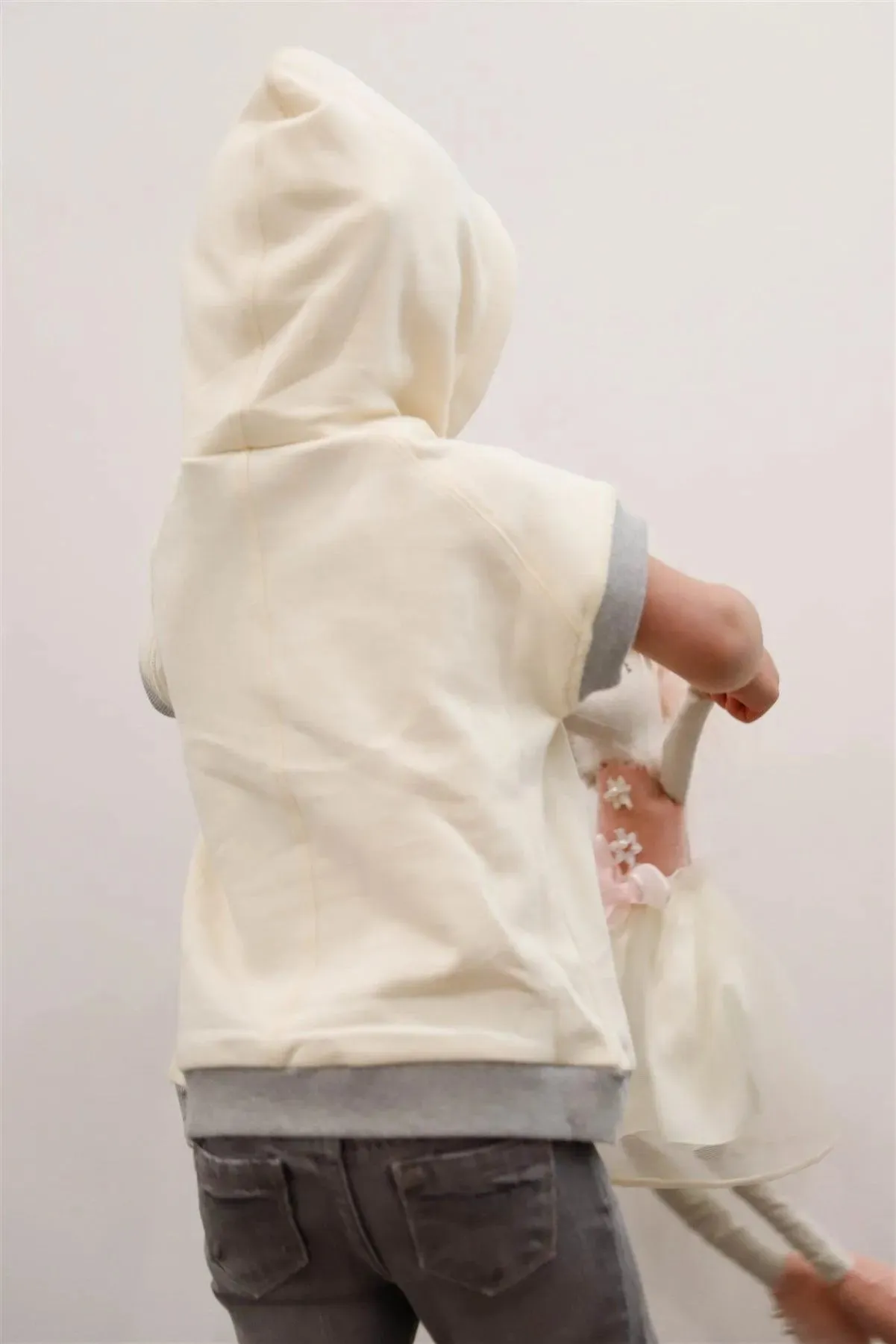 Toddler Girls Cream Contrast Cuffs & Hem Short Sleeve Hooded Sweatshirt /1-1-1-1
