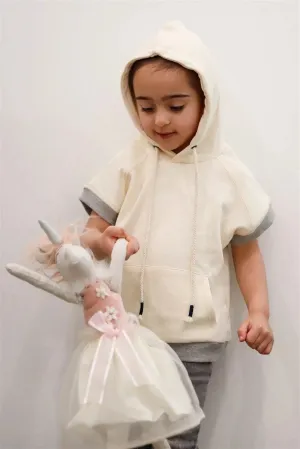 Toddler Girls Cream Contrast Cuffs & Hem Short Sleeve Hooded Sweatshirt /1-1-1-1