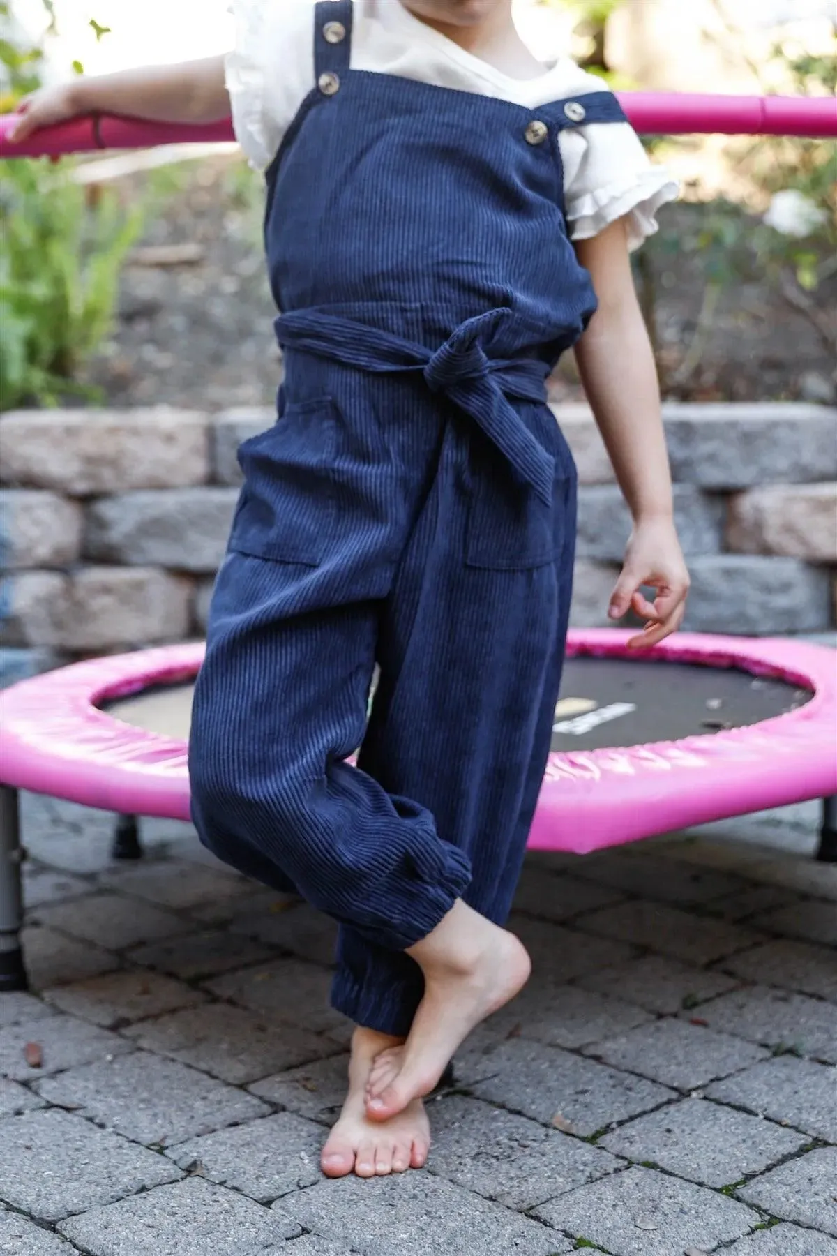 Toddler Girls Navy Corduroy Self-Tie Belt Contrast Button Details Overall /1-1-1