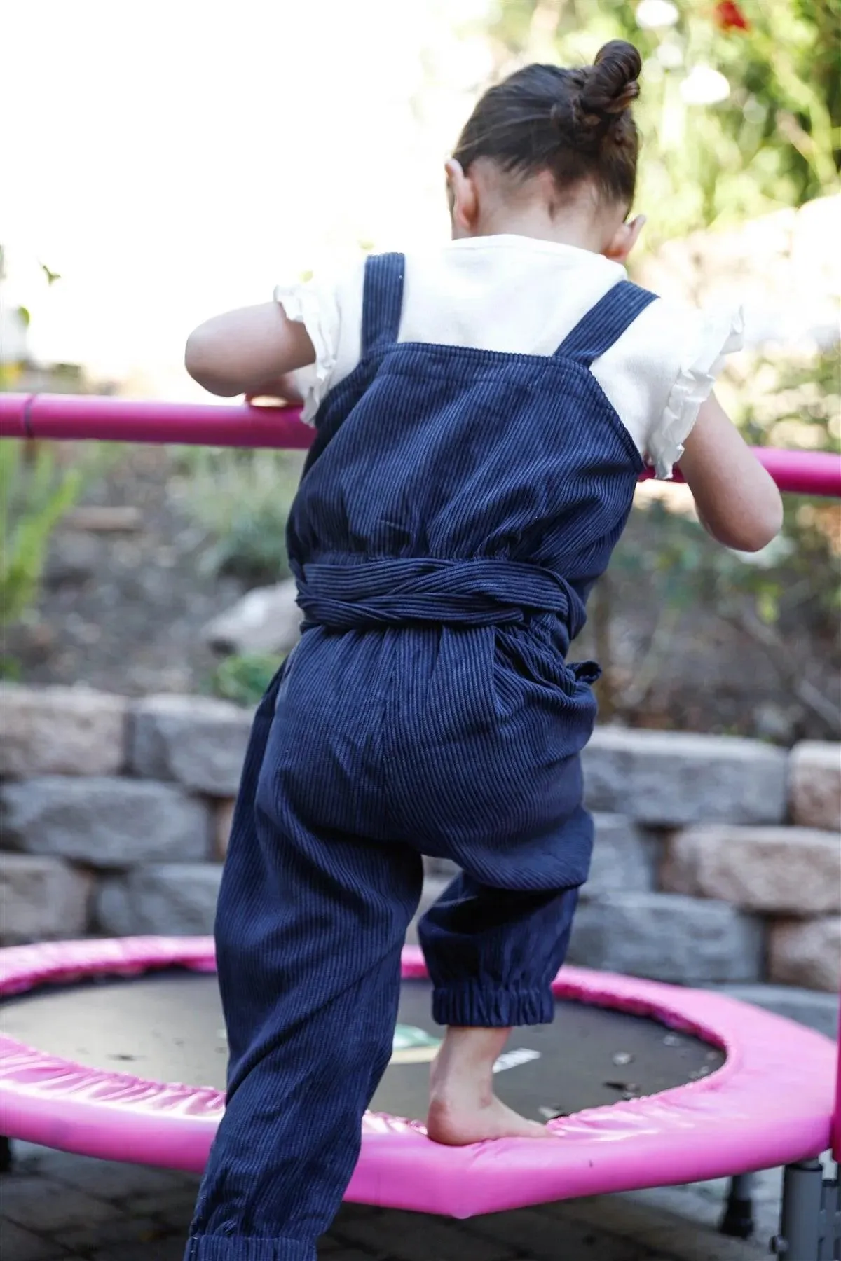 Toddler Girls Navy Corduroy Self-Tie Belt Contrast Button Details Overall /1-1-1