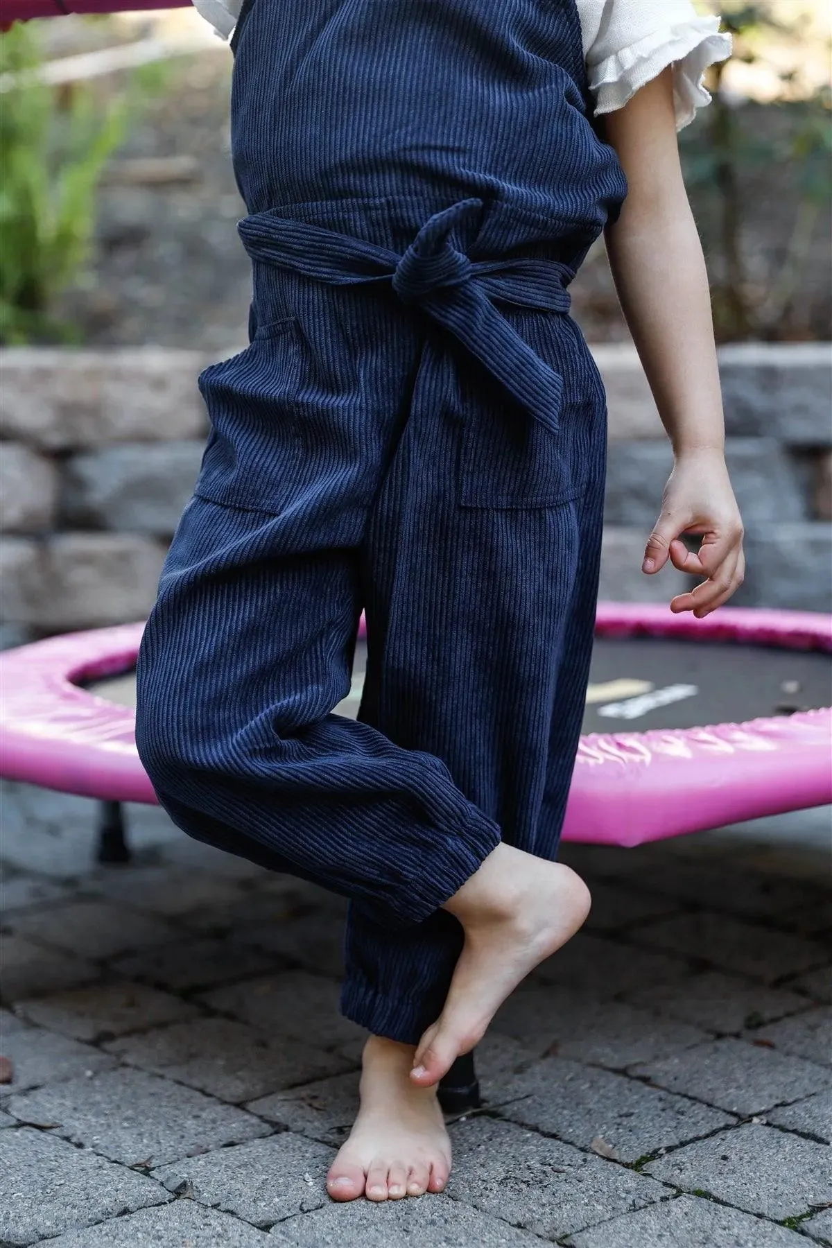 Toddler Girls Navy Corduroy Self-Tie Belt Contrast Button Details Overall /1-1-1