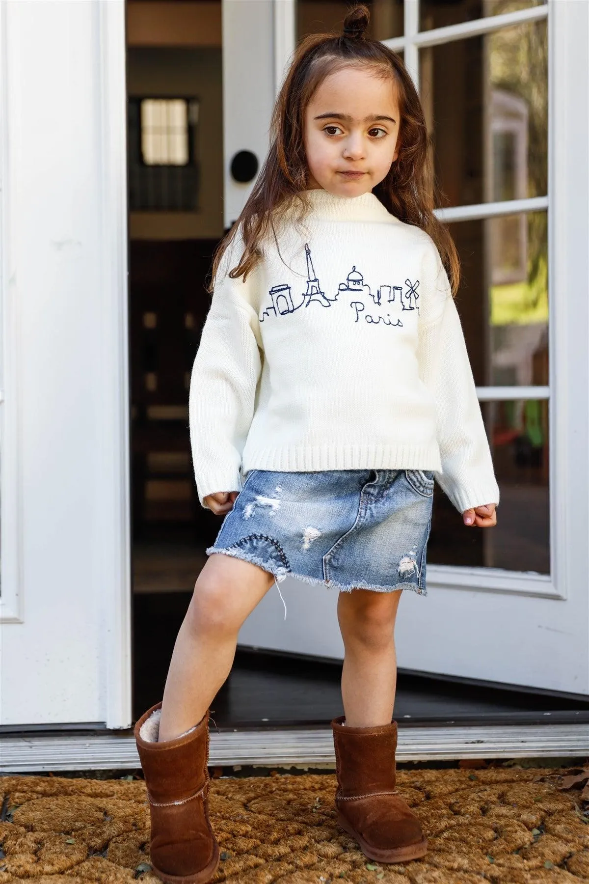 Toddler Girls Off-White Knit Cotton "Paris" Embroidered Print Sweater /1-3-2