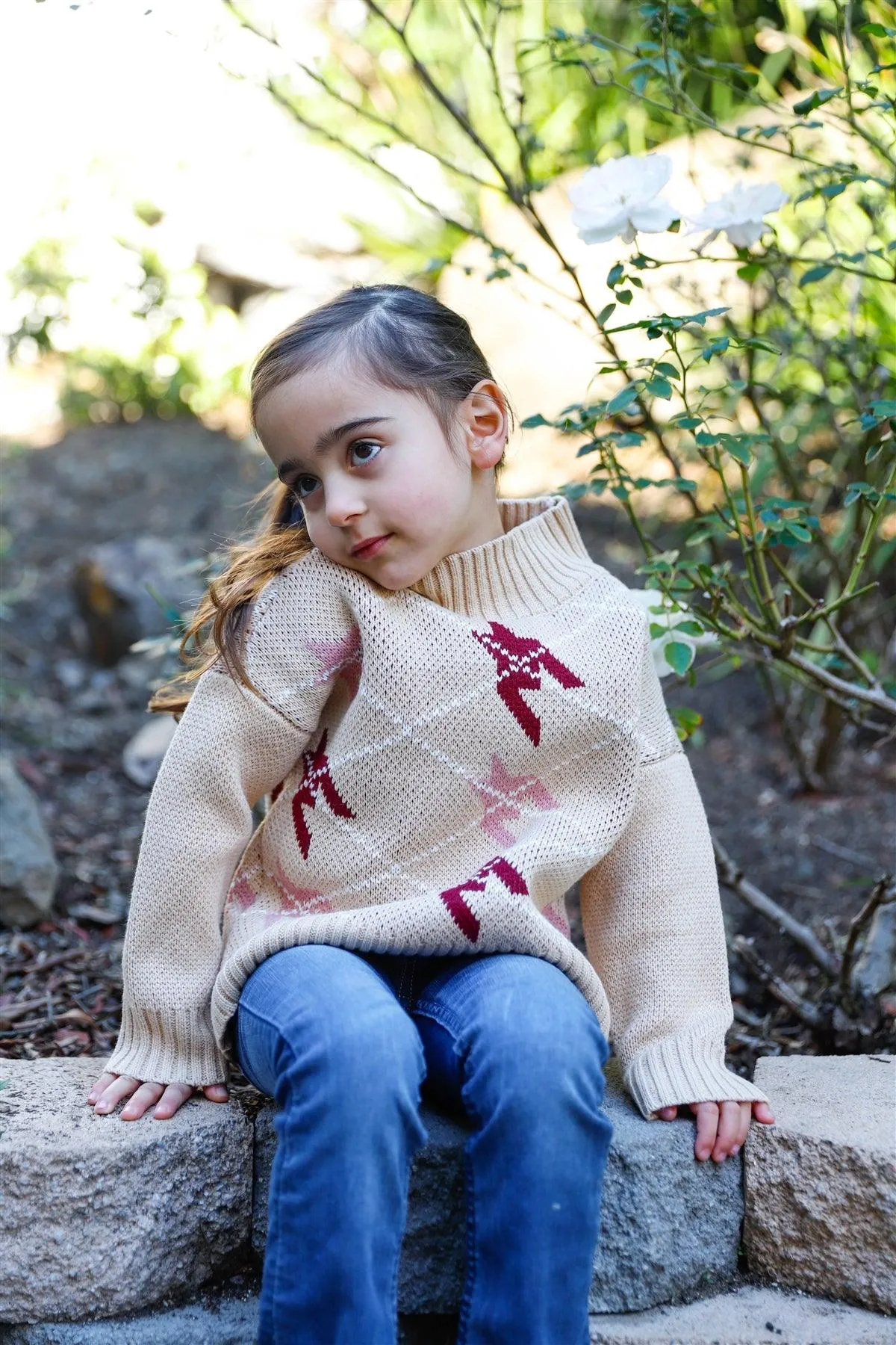Toddler Girls Taupe Contrast Diamond Knit Turtle Neck Sweater /1-3-2