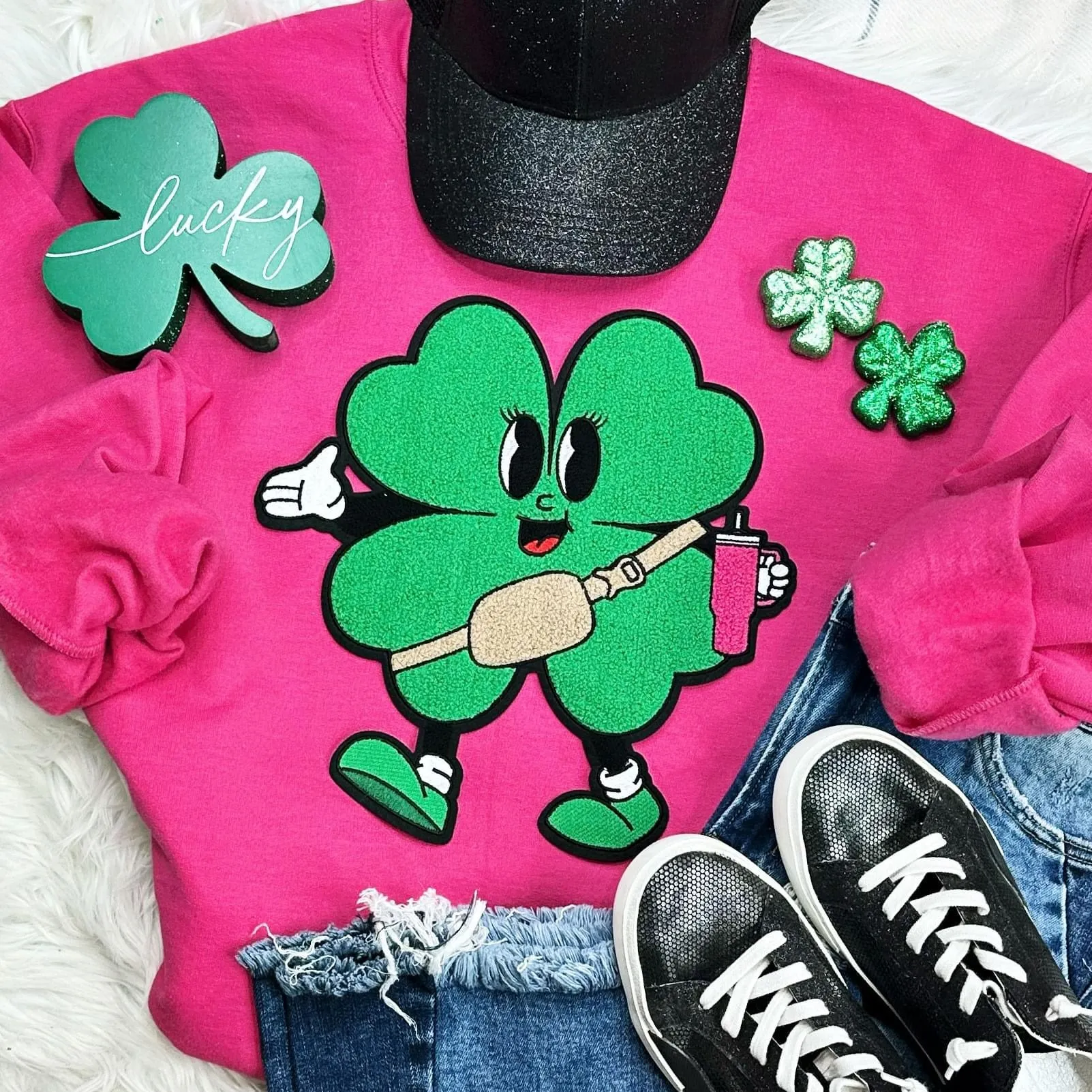 Trendy Shamrock Chenille Patch Crewneck