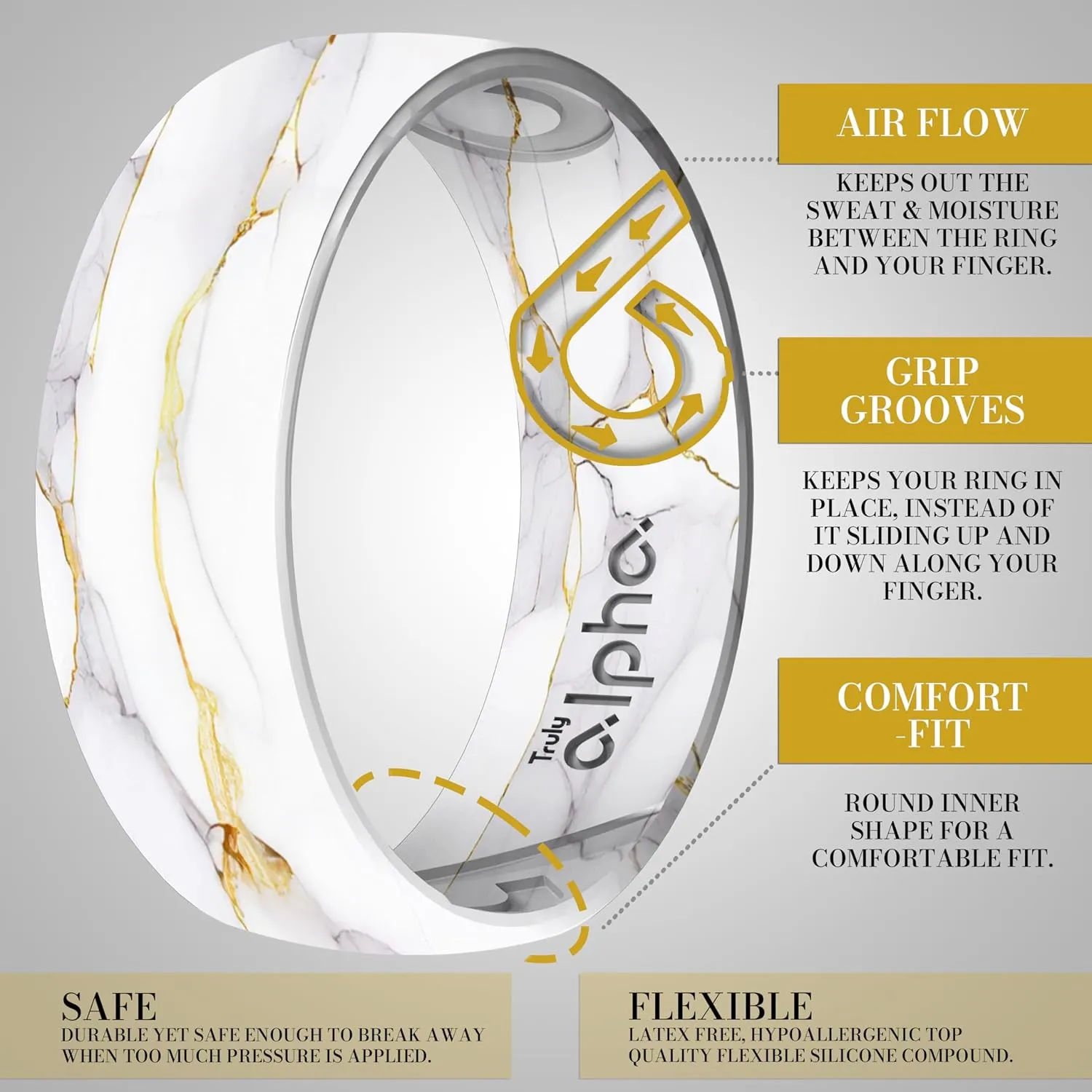 Truly Alpha Breathable Air Grooves Silicone Ring - 8mm, Printed Design Wedding Band | Rubber Ring for Men