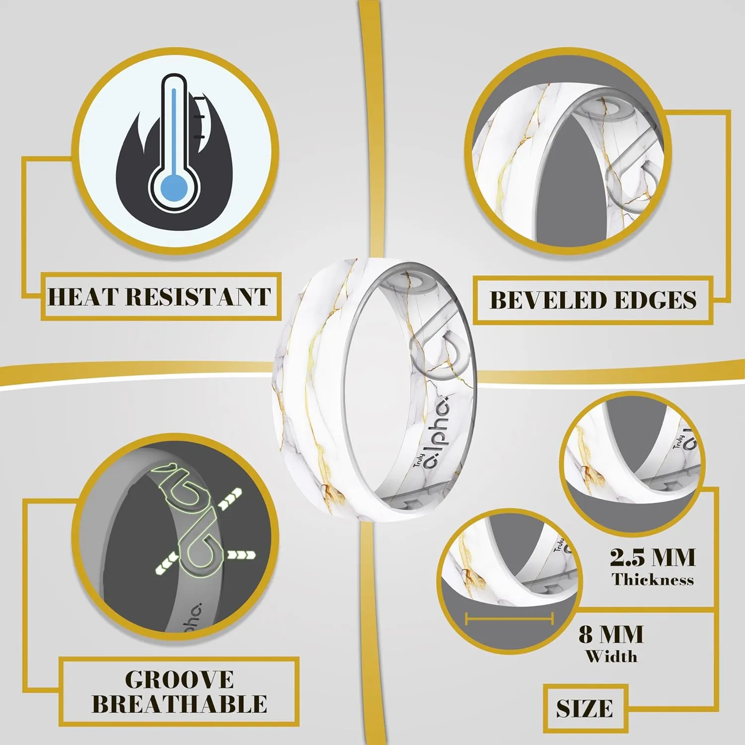 Truly Alpha Breathable Air Grooves Silicone Ring - 8mm, Printed Design Wedding Band | Rubber Ring for Men