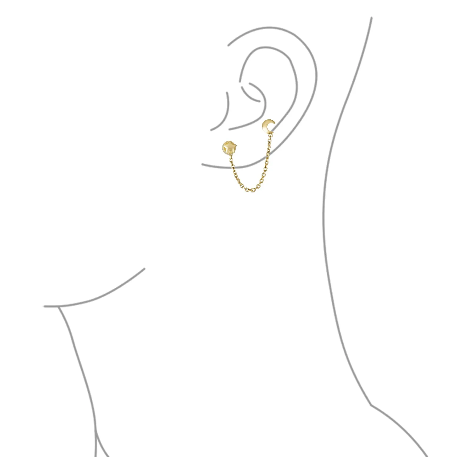 Unisex 10K Gold Ear Cuff Cartilage Double Piercing Chain Moon & Star Earring