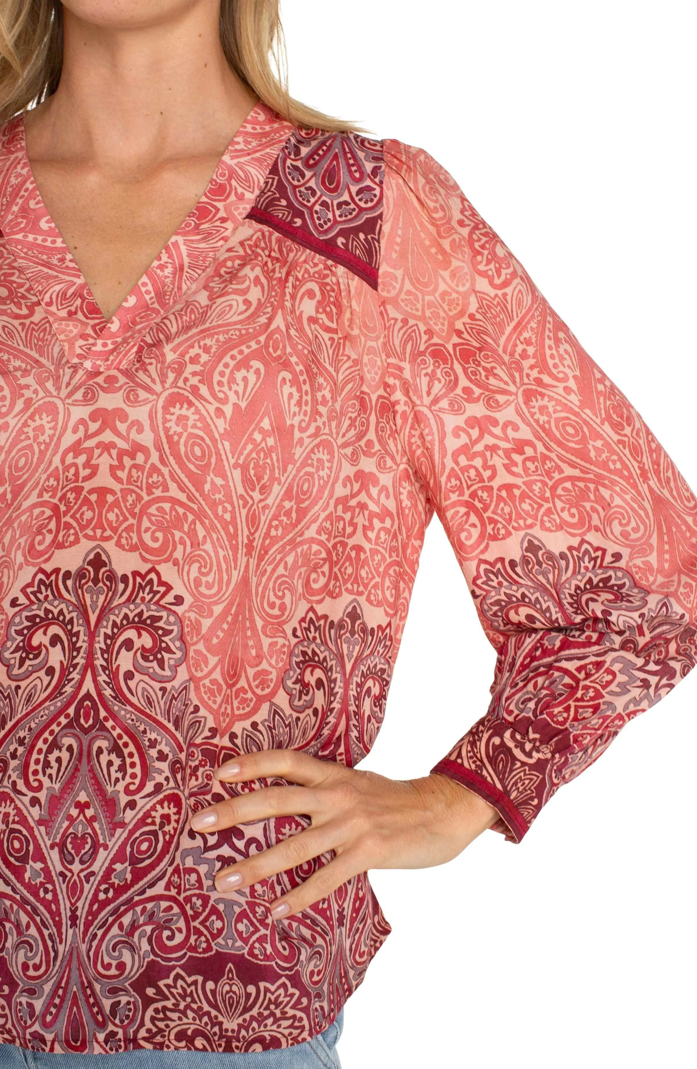 V-NECK POPOVER WOVEN BLOUSE