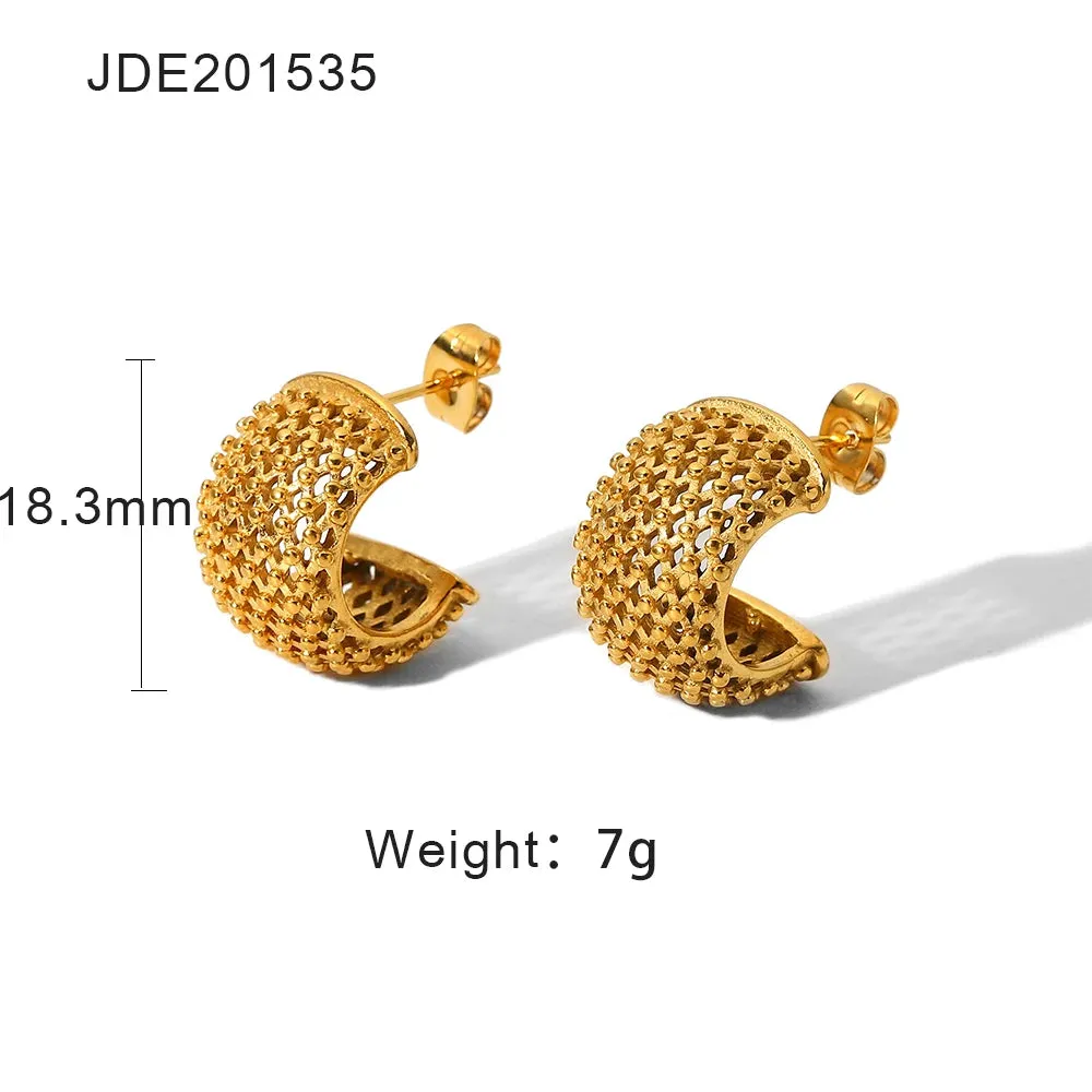 VAIGE Funky Grid Circle Hoop Earrings - 18K Gold Plated Stainless Steel, 27mm x 20mm
