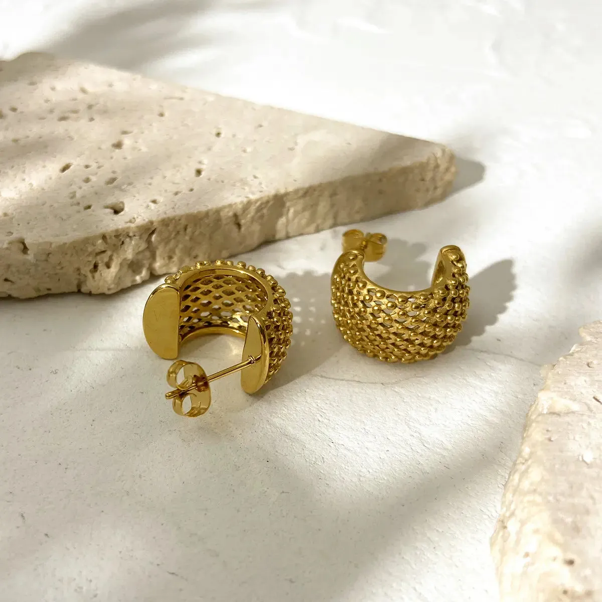 VAIGE Funky Grid Circle Hoop Earrings - 18K Gold Plated Stainless Steel, 27mm x 20mm