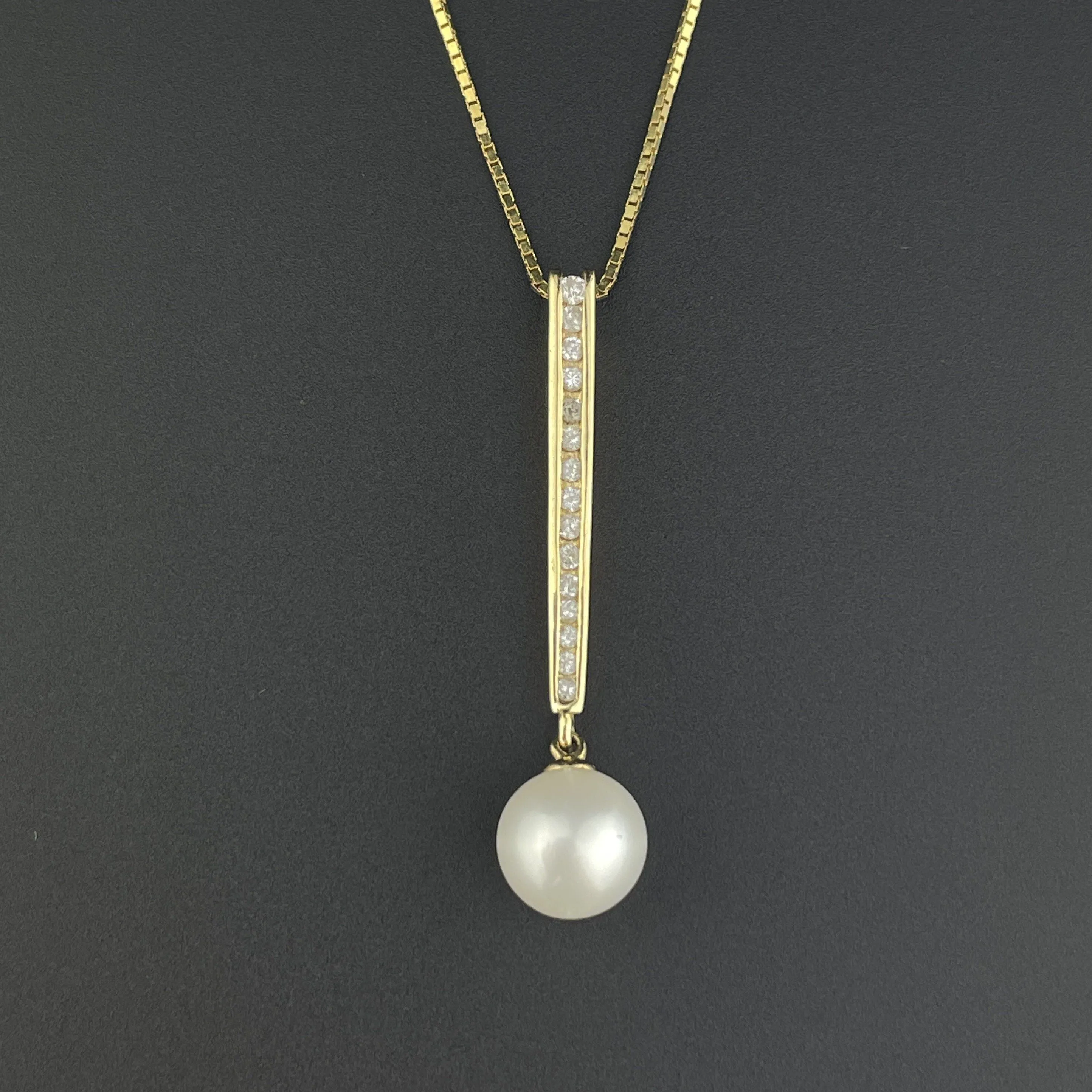 Vintage 14K Gold Diamond Pearl Bar Pendant Necklace