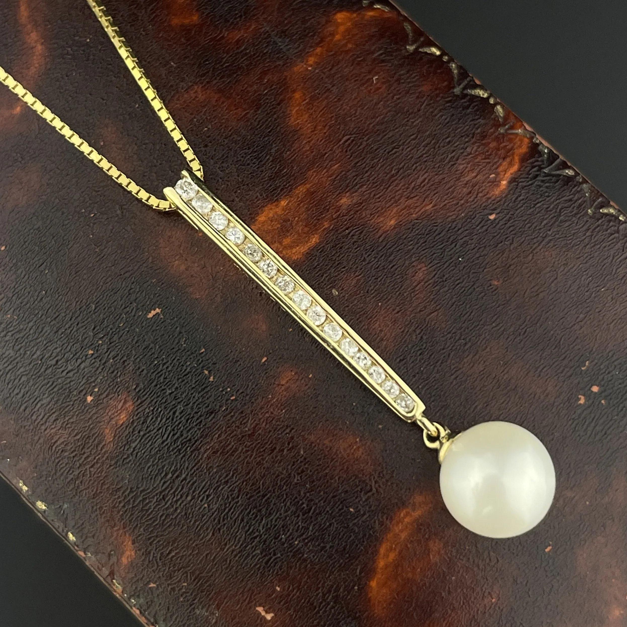 Vintage 14K Gold Diamond Pearl Bar Pendant Necklace