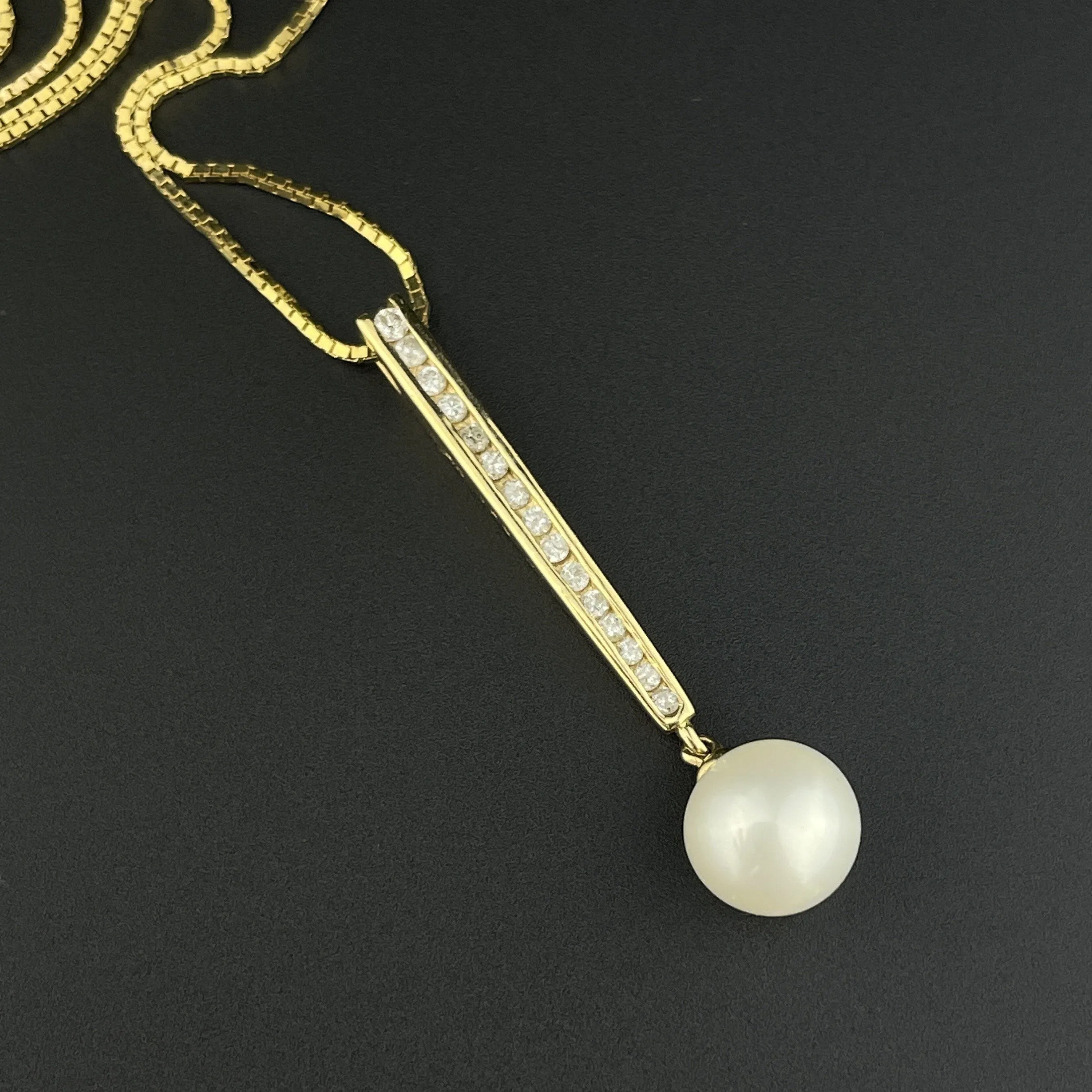 Vintage 14K Gold Diamond Pearl Bar Pendant Necklace