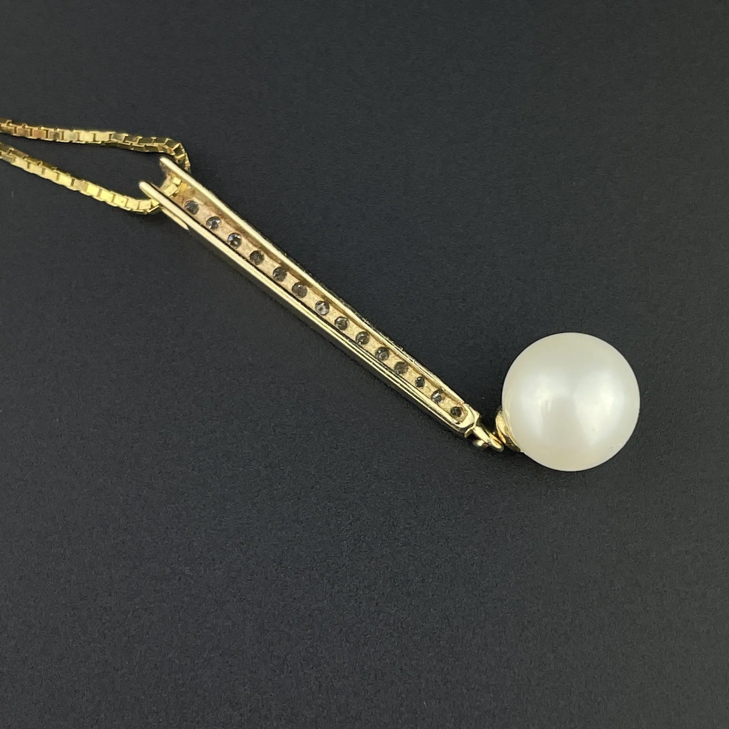 Vintage 14K Gold Diamond Pearl Bar Pendant Necklace