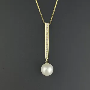 Vintage 14K Gold Diamond Pearl Bar Pendant Necklace