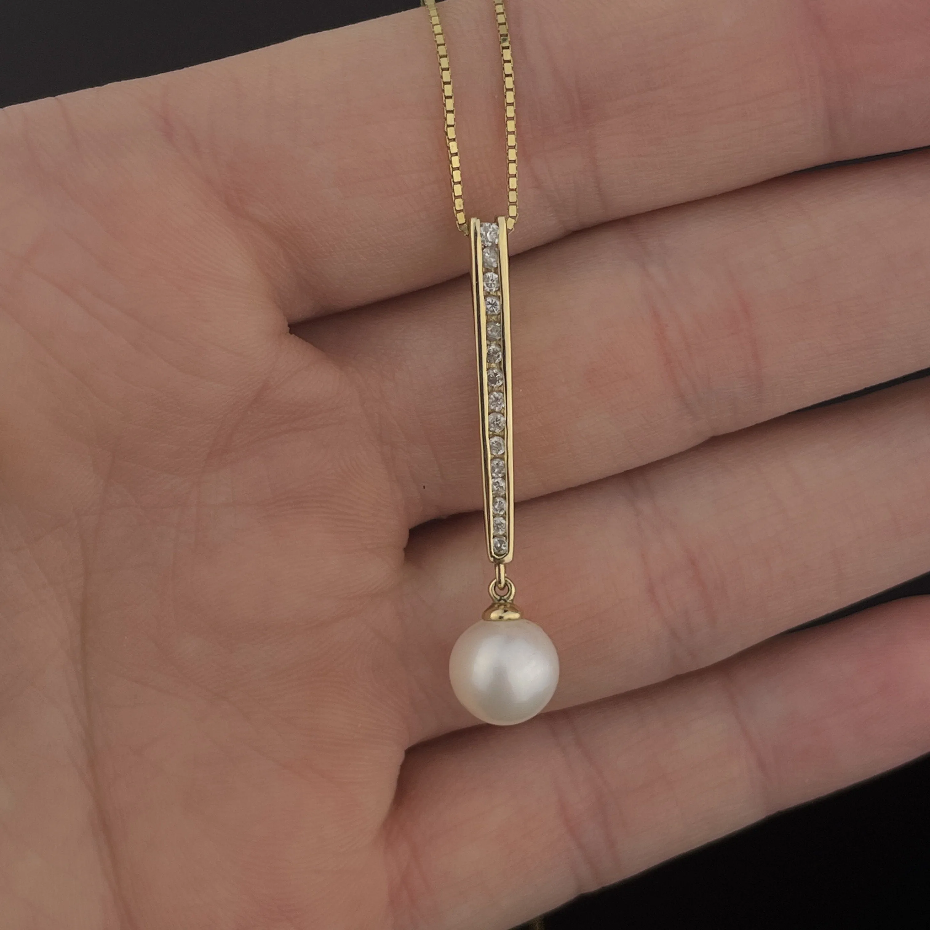 Vintage 14K Gold Diamond Pearl Bar Pendant Necklace