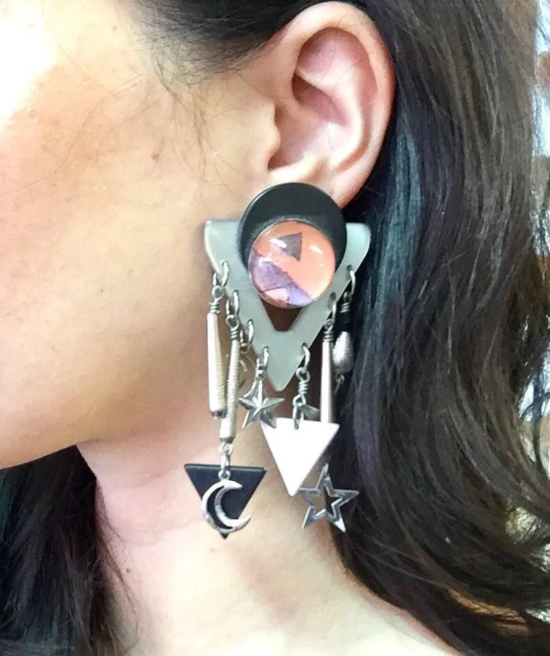 Vintage 80's Clip On Earrings | Big and Chunky Earrings | 80's Style | Moon and Stars Jewelry | Costume Jewelry | Statement Earrings |