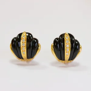 Vintage Carved Black Onyx & Diamond Earrings, 14k