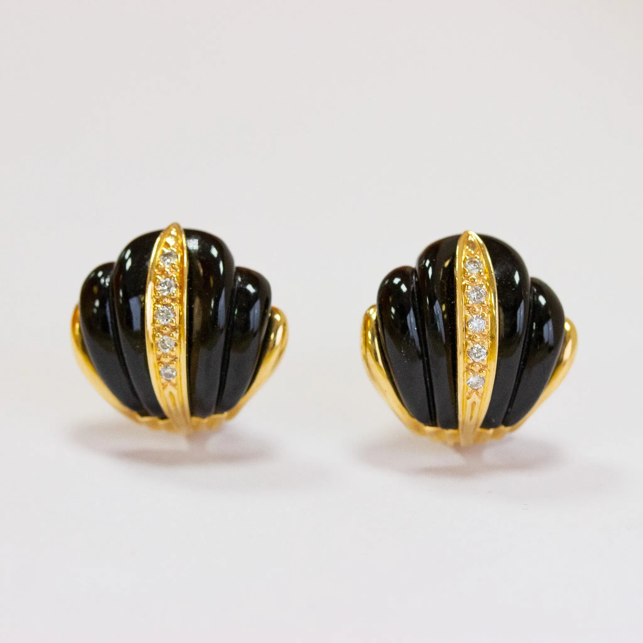Vintage Carved Black Onyx & Diamond Earrings, 14k