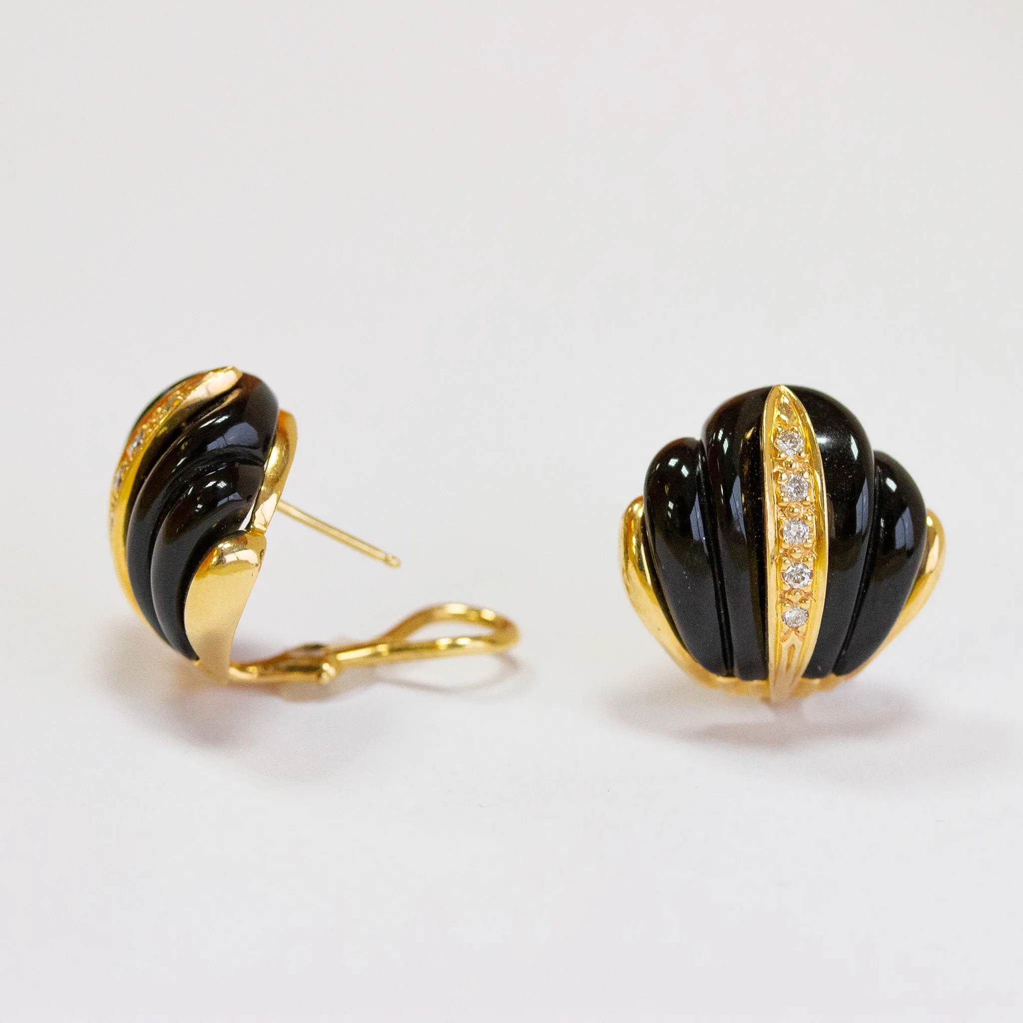 Vintage Carved Black Onyx & Diamond Earrings, 14k