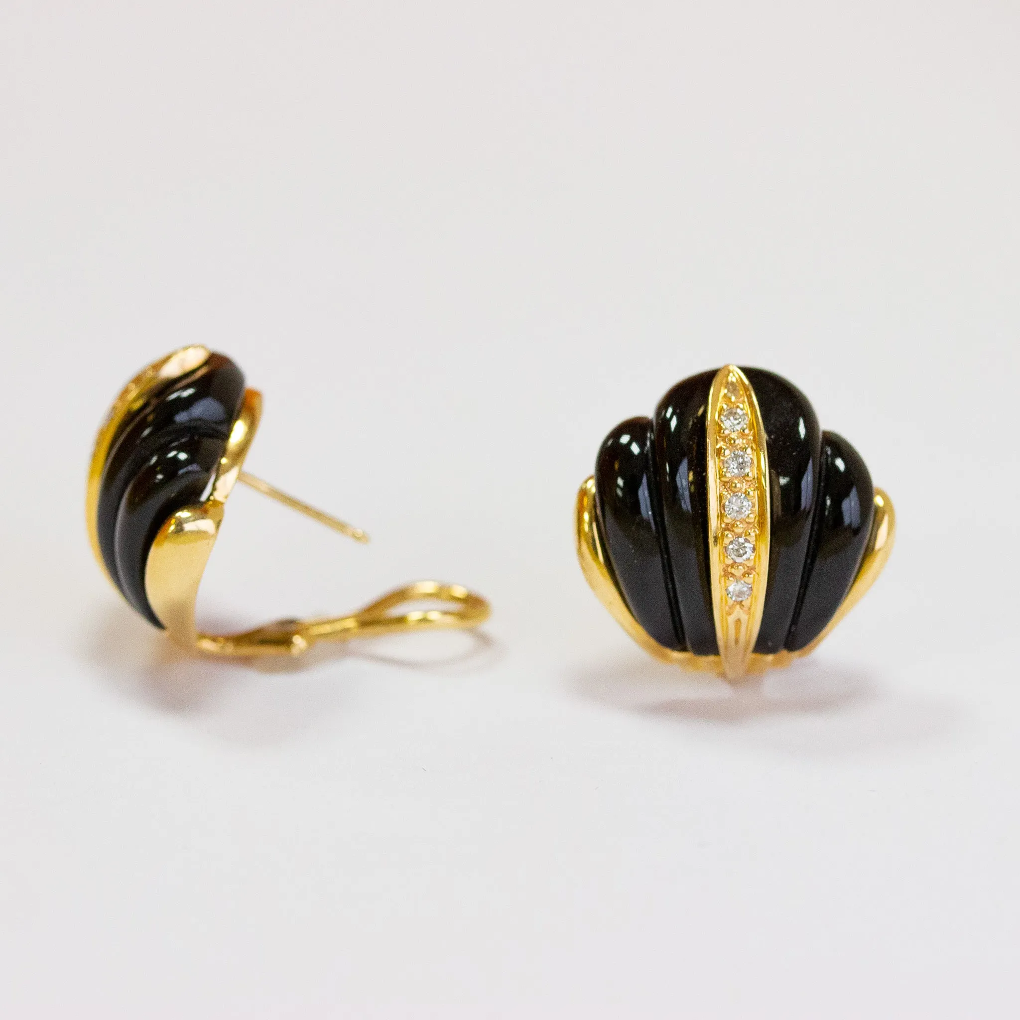 Vintage Carved Black Onyx & Diamond Earrings, 14k