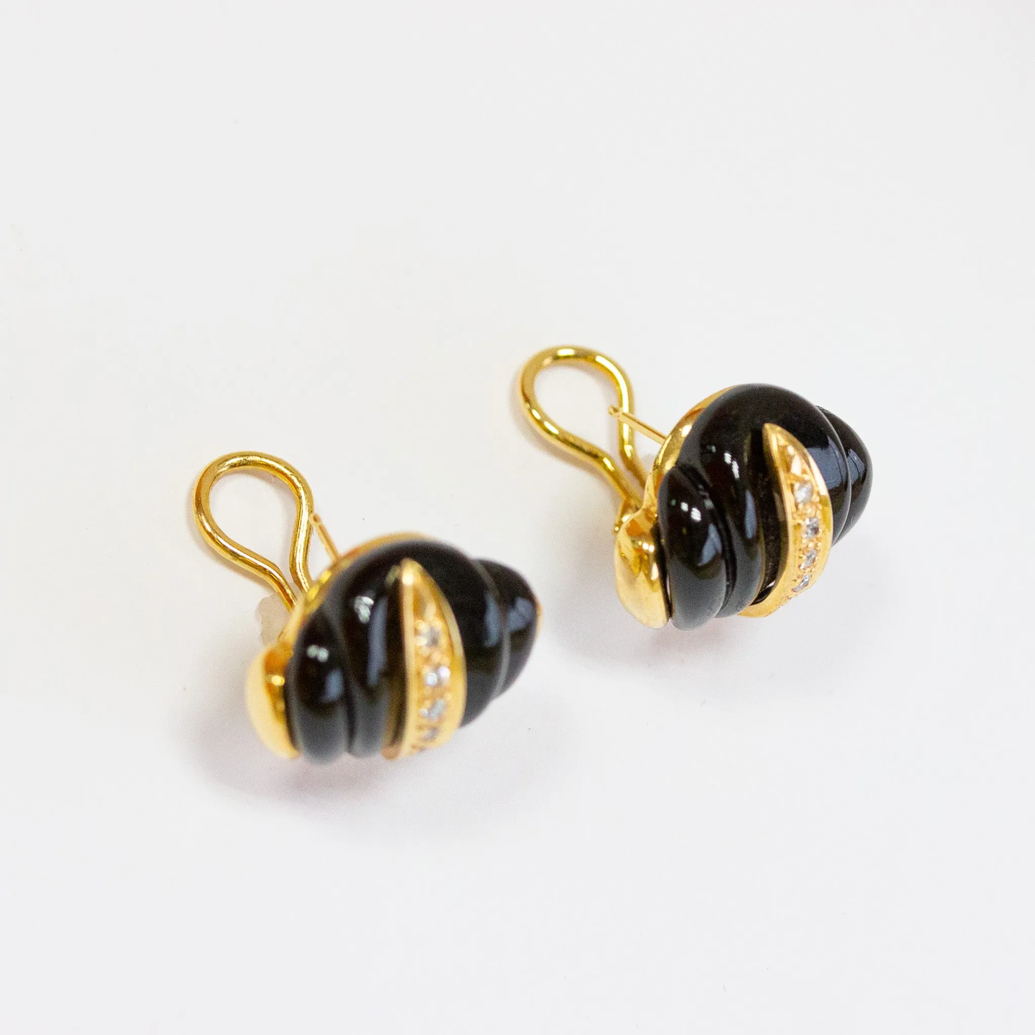 Vintage Carved Black Onyx & Diamond Earrings, 14k
