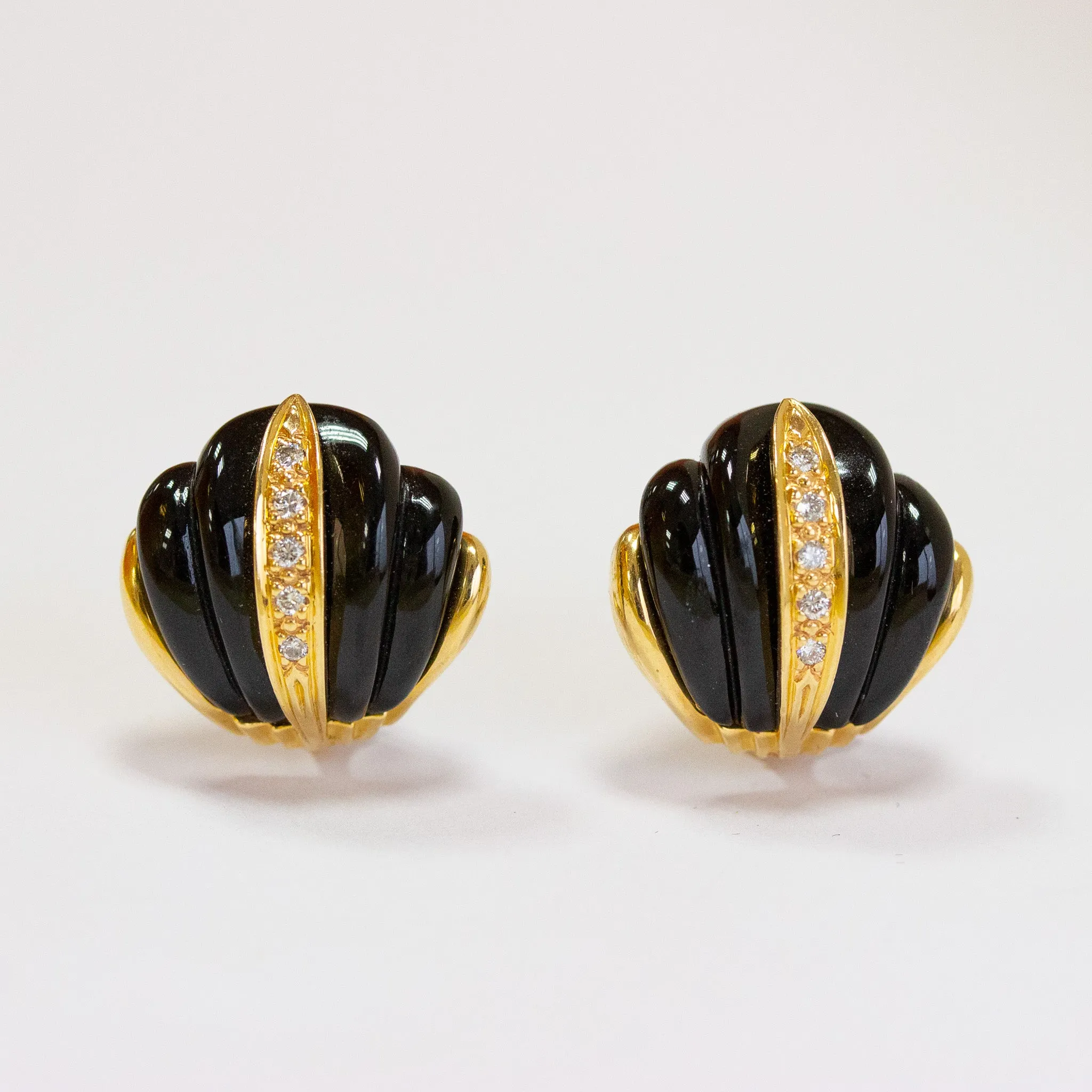 Vintage Carved Black Onyx & Diamond Earrings, 14k