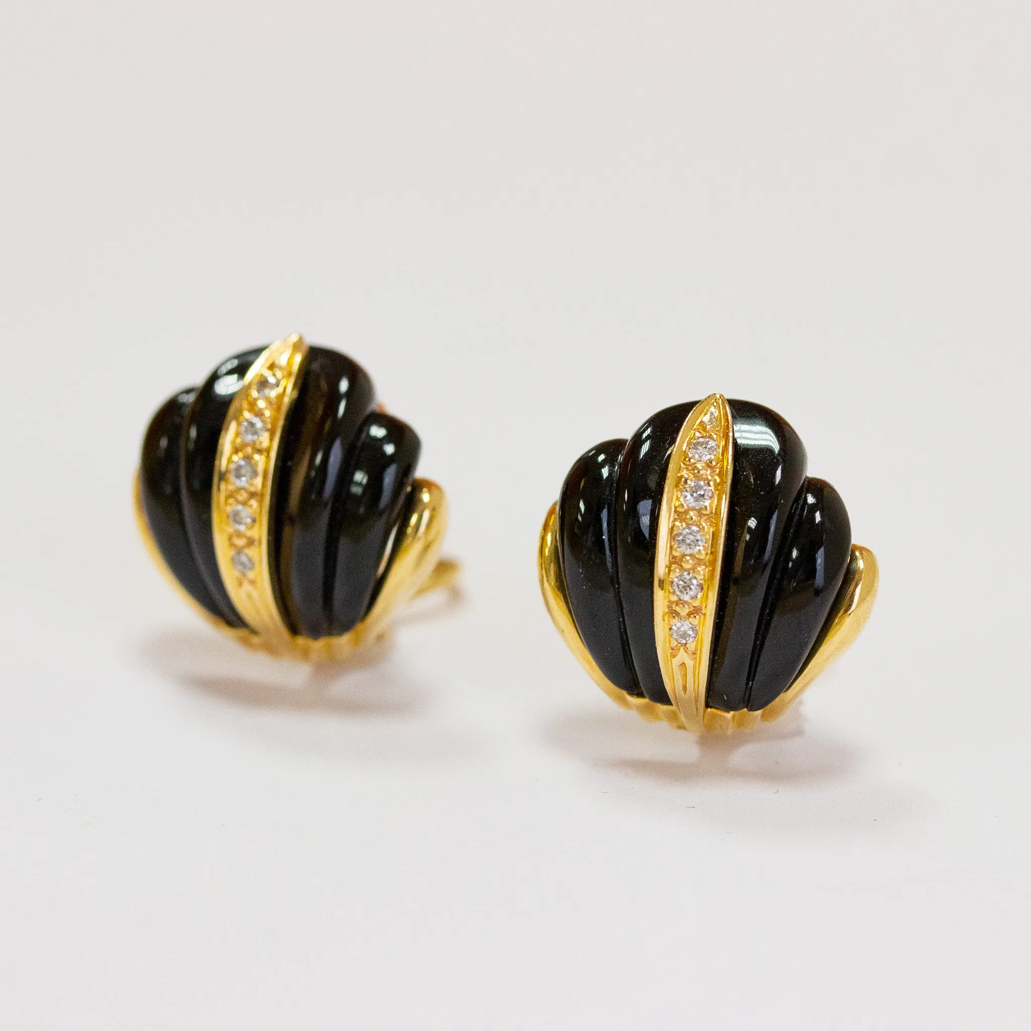Vintage Carved Black Onyx & Diamond Earrings, 14k