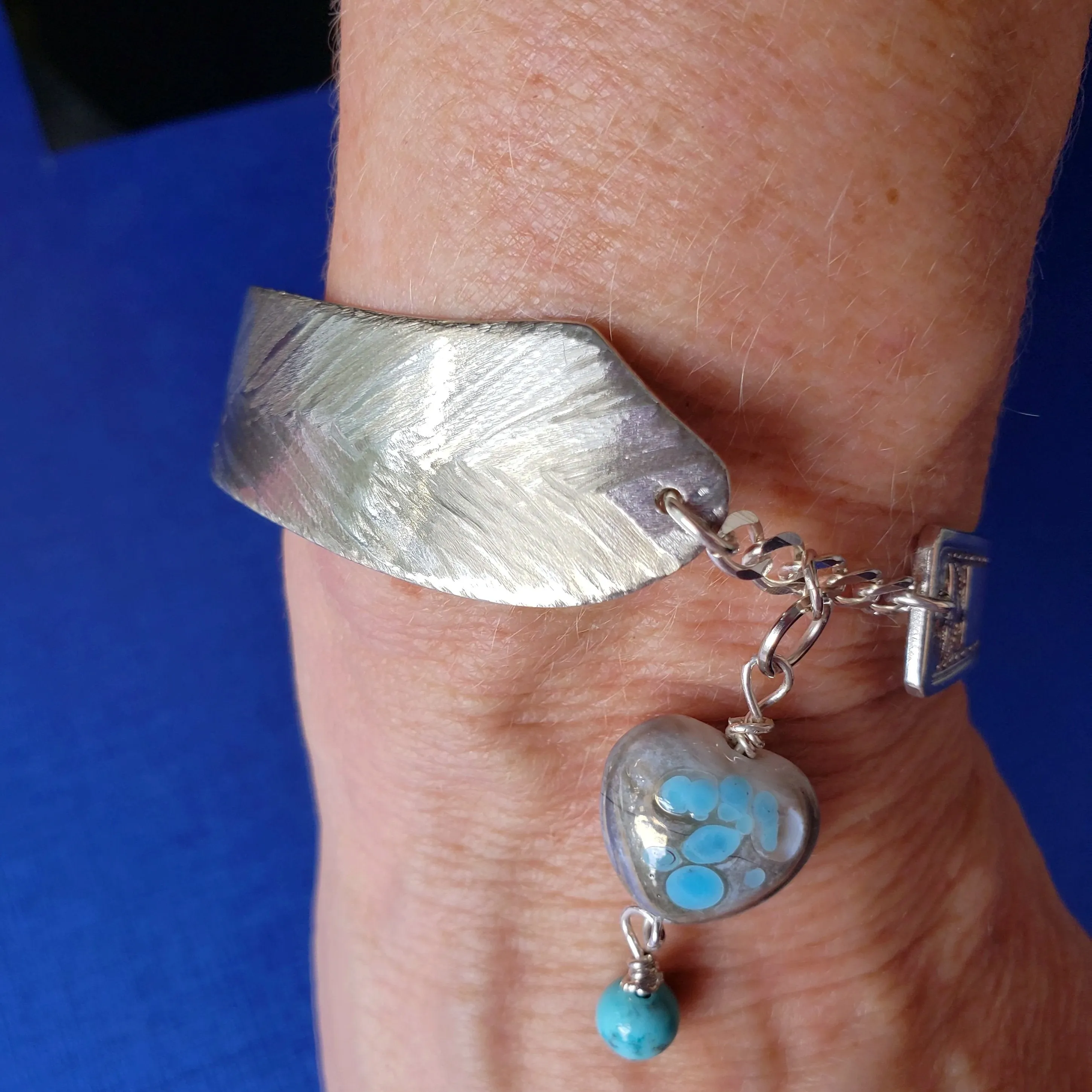 Vintage Sterling Silver Flatware Bracelet with Ceramic Heart & Turquoise Howlite - Handmade Jewelry