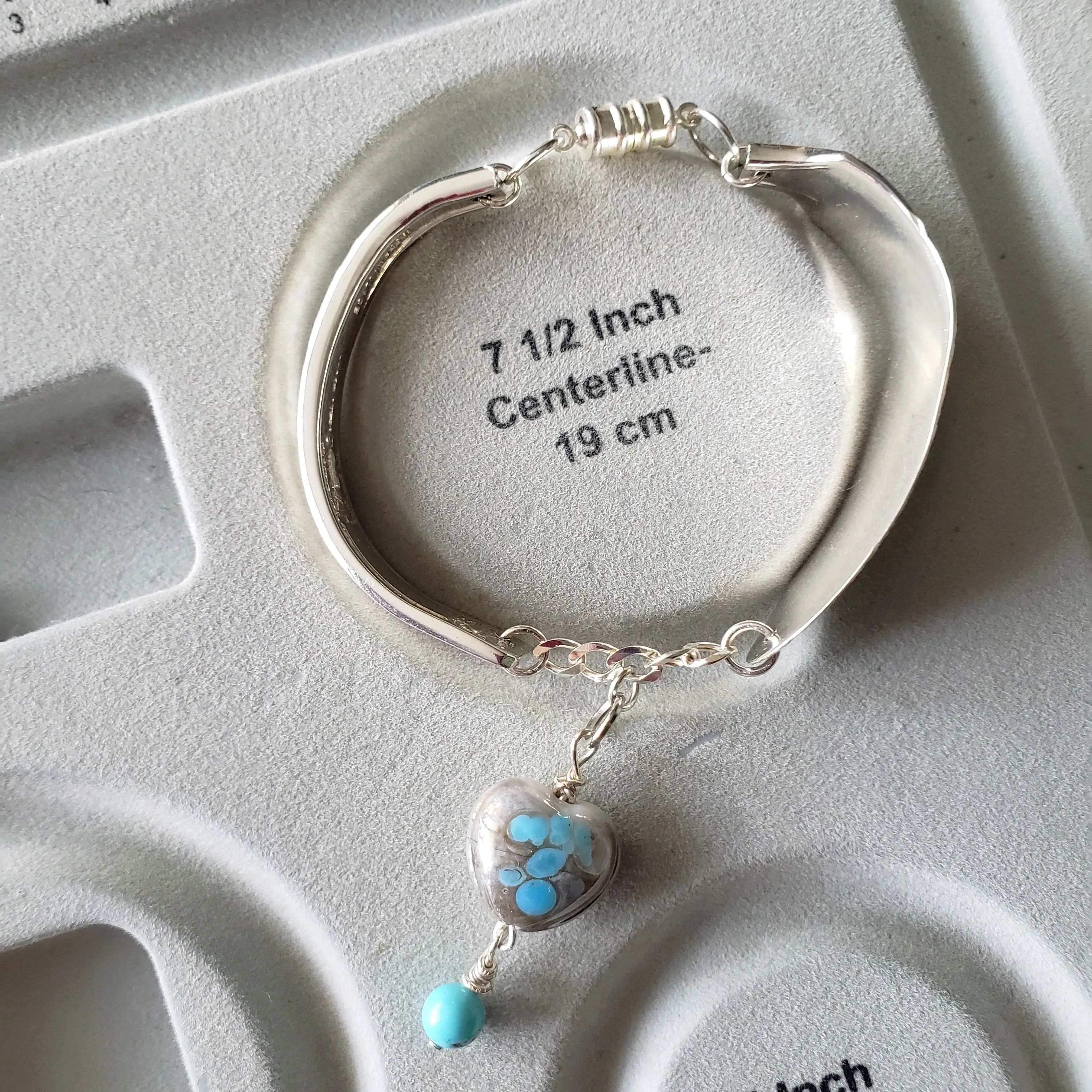 Vintage Sterling Silver Flatware Bracelet with Ceramic Heart & Turquoise Howlite - Handmade Jewelry