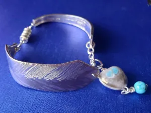 Vintage Sterling Silver Flatware Bracelet with Ceramic Heart & Turquoise Howlite - Handmade Jewelry