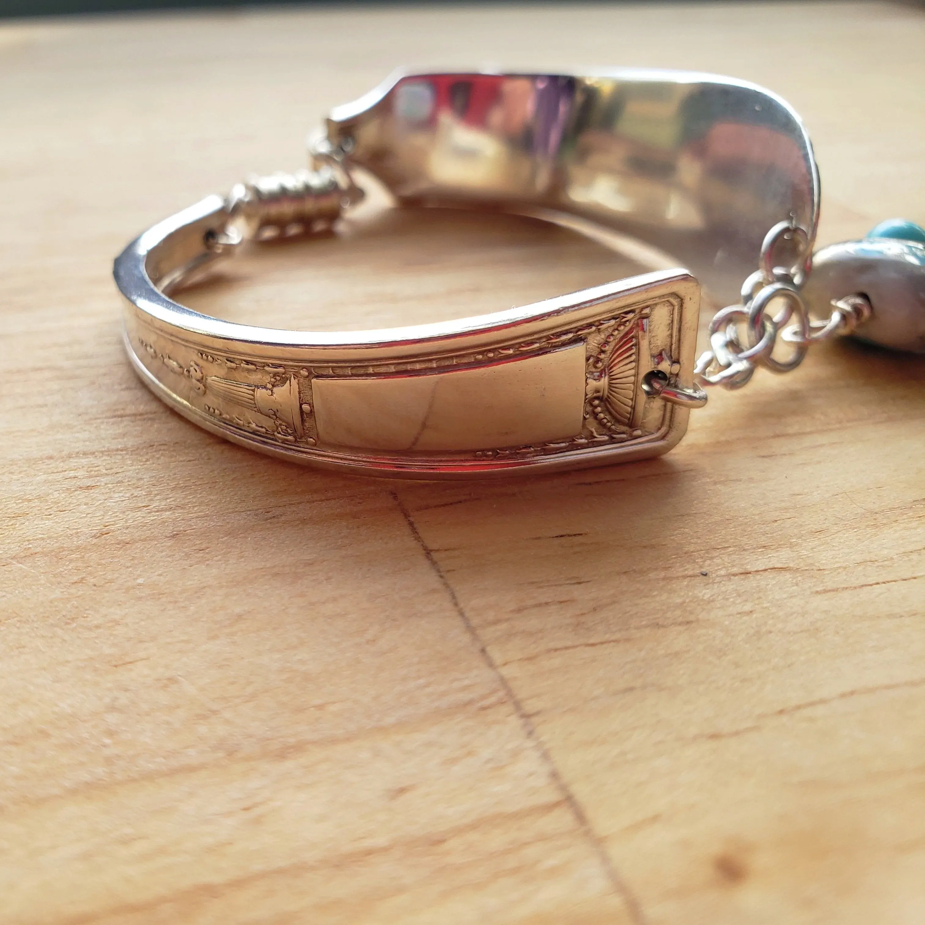 Vintage Sterling Silver Flatware Bracelet with Ceramic Heart & Turquoise Howlite - Handmade Jewelry