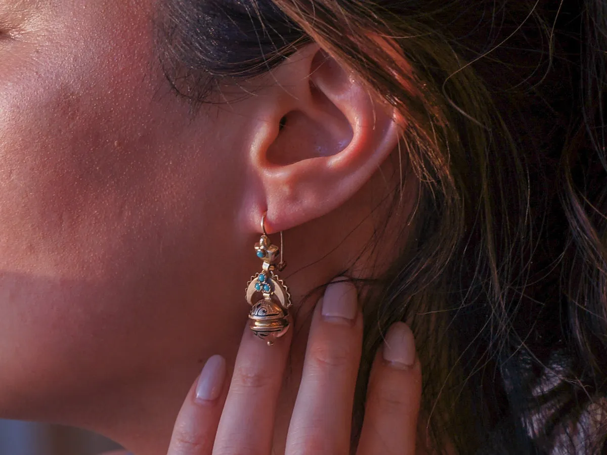 Vintage Turquoise & Enamel Victorian Earrings in 14k