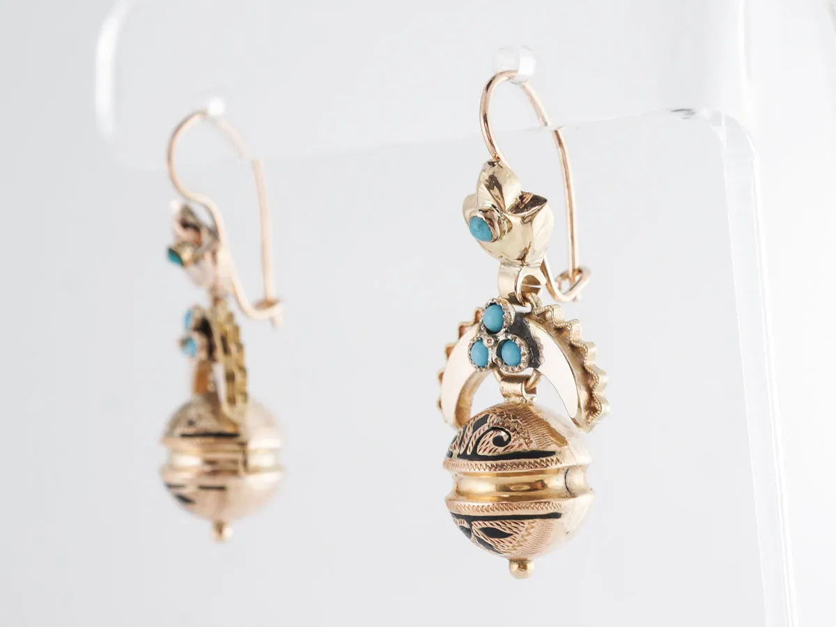 Vintage Turquoise & Enamel Victorian Earrings in 14k