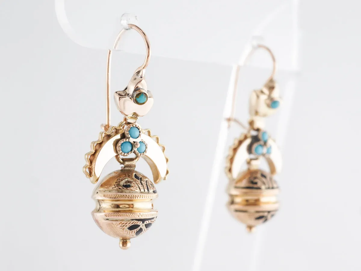 Vintage Turquoise & Enamel Victorian Earrings in 14k