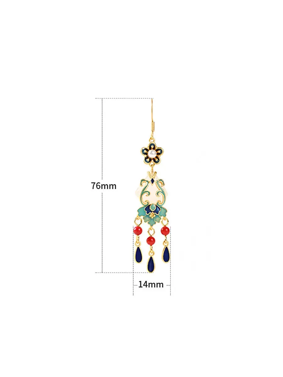 Women Jade Enamel Alloy Tassel Earrings