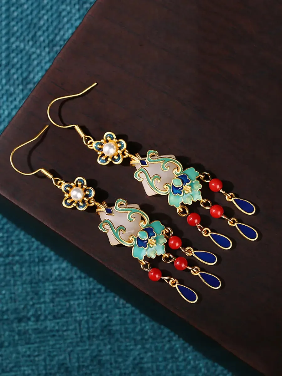 Women Jade Enamel Alloy Tassel Earrings