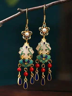 Women Jade Enamel Alloy Tassel Earrings