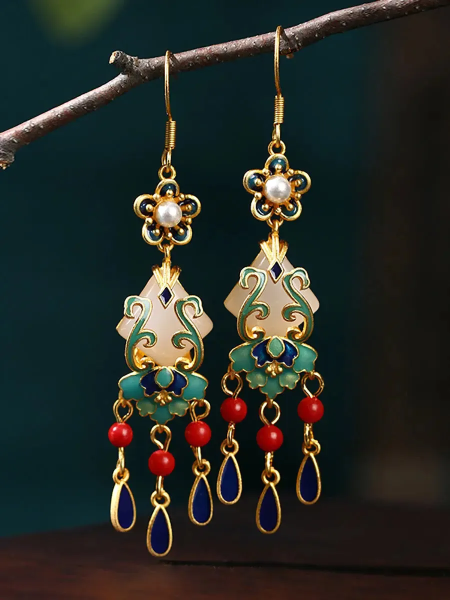 Women Jade Enamel Alloy Tassel Earrings