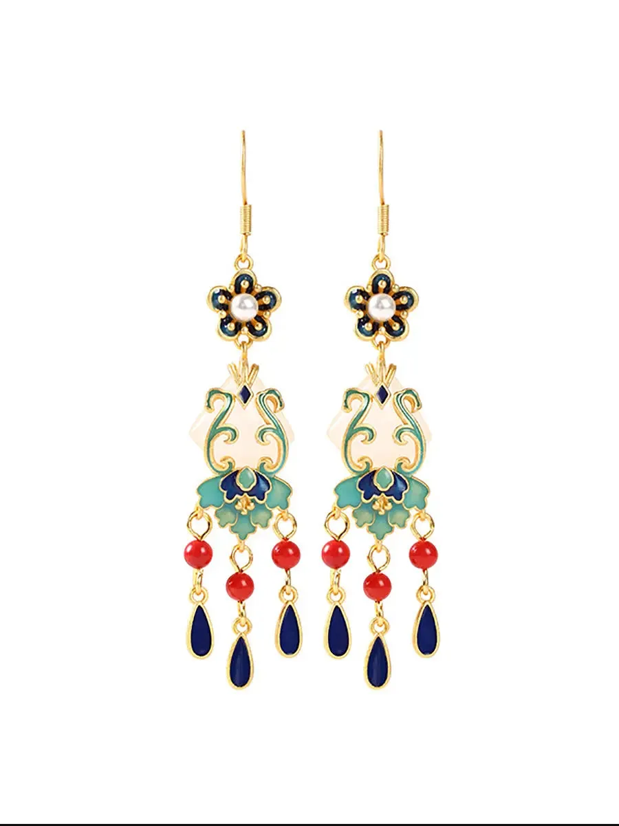 Women Jade Enamel Alloy Tassel Earrings