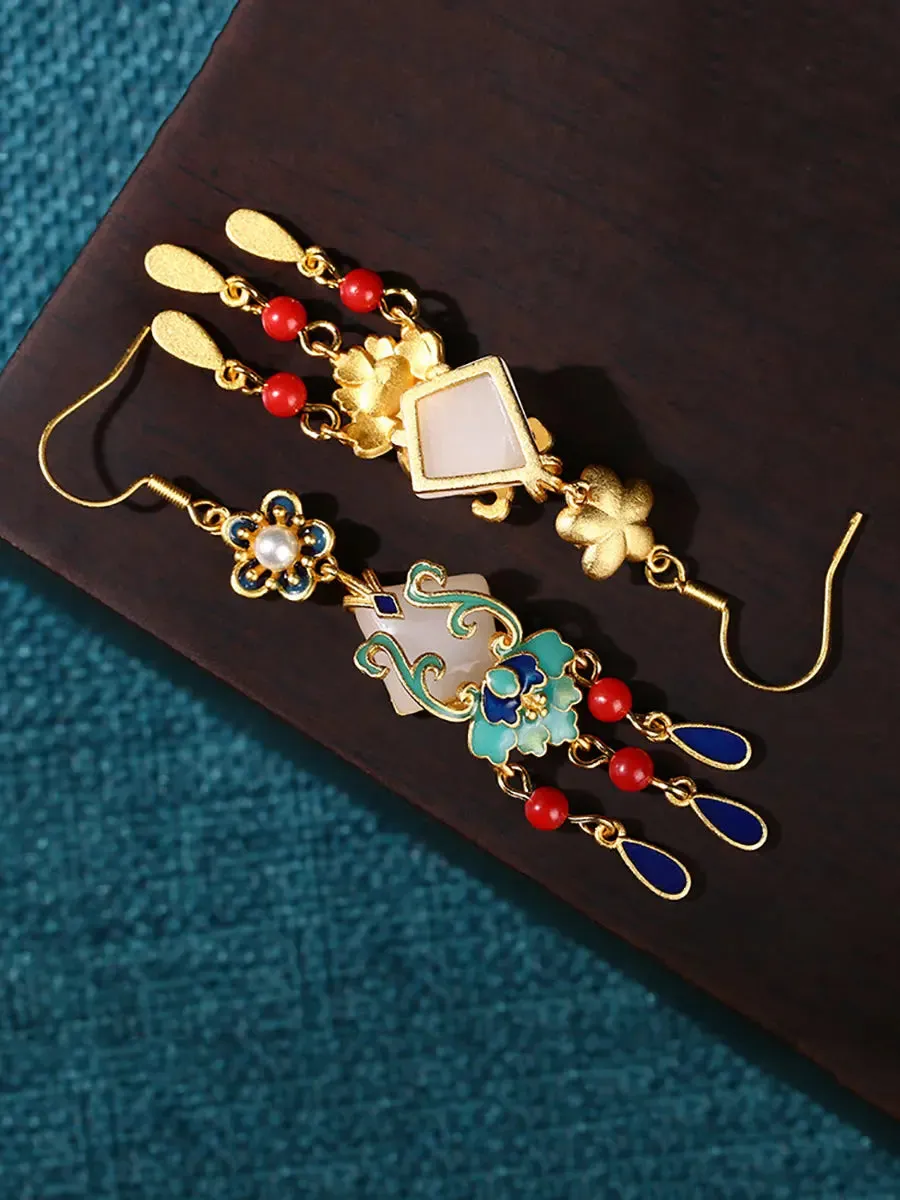 Women Jade Enamel Alloy Tassel Earrings