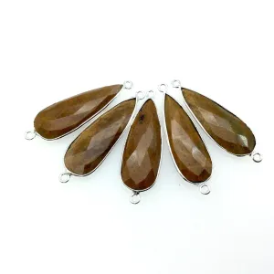Yellow Jasper Bezel Connector - Faceted Long Teardrop Shaped with Silver Finish - 12mm x 30mm - Natural Semi-Precious Gemstone
