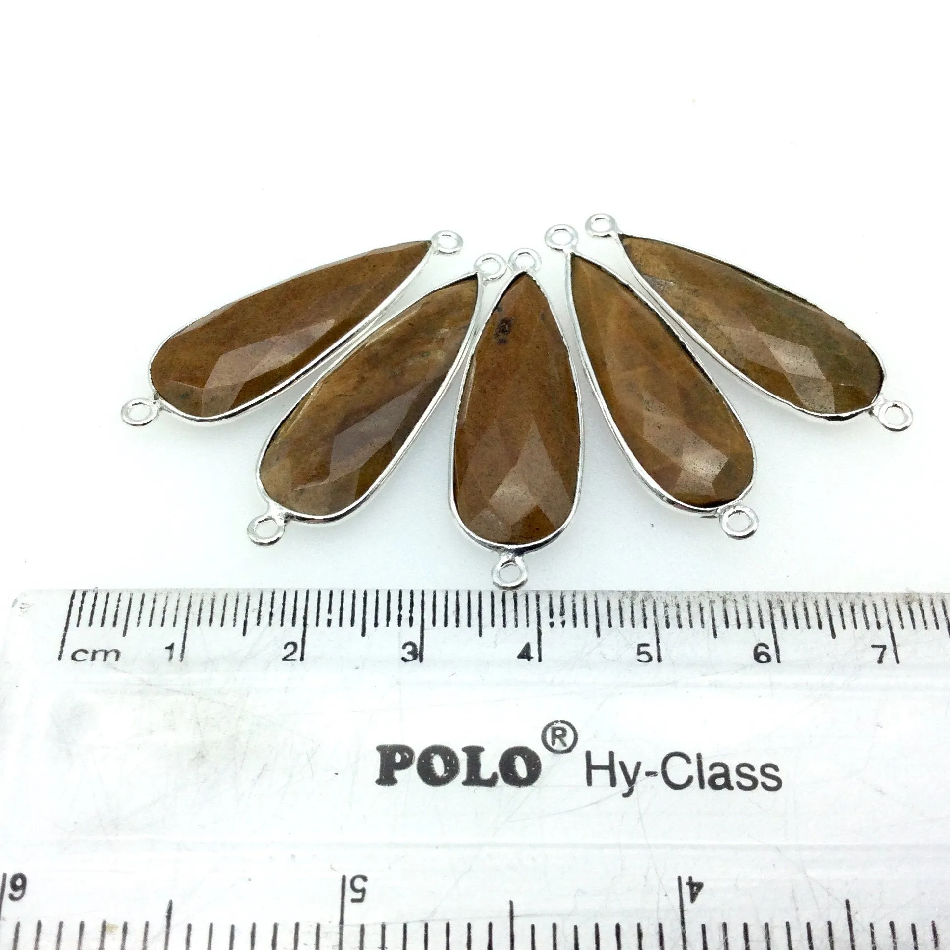 Yellow Jasper Bezel Connector - Faceted Long Teardrop Shaped with Silver Finish - 12mm x 30mm - Natural Semi-Precious Gemstone